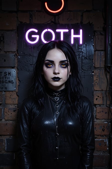 <lora:Flux-style-xl-lora:0.3> flux-style, (black neon sign on the wall saying ""Goth"":1.5), A detailed analog photograph of a Goth woman, standing in a dark alley at night, raining, wet hair, streaked black mascara under eyes