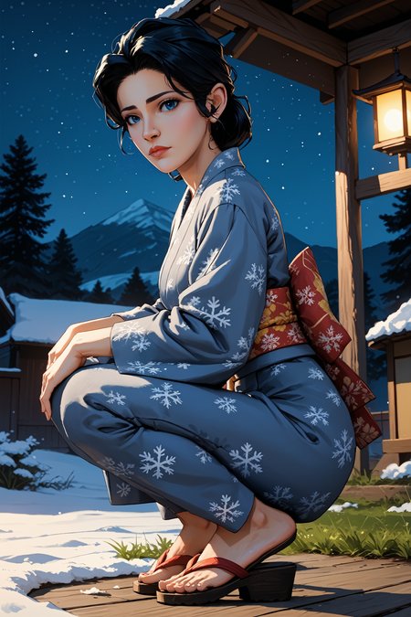 score_9, score_8_up, score_7_up,
<lora:WolfSnow:0.8>
WolfSnow, 1girl, black hair, blue eyes, looking at viewer, night, grass, squatting, yukata, japanese clothes, floral print, obi, from side, looking at viewer, sandals, star \(sky\)