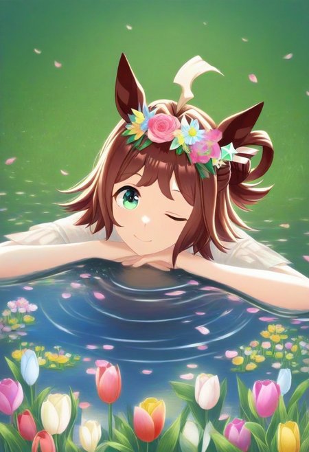 (umamusume, rhein_kraft_(umamusume), horse_ears, horse_girl, tail, 1girl, ahoge, animal_ears,)
casual, Tulip,Tulip flower, Tulip flower_field, 
head_wreath, looking_at_viewer,  solo, aesthetic, absurdres, symmetric , , g0ldsw0rthy,
(realistic, photo,  artistic, medium_hair, one_eye_closed, petals, relaxing, smile, spiralling vortex made of multicoloured tulips, lush foliage sunrise,  ripples, reflective, jaynl-tm, rainbow,green_eyes, hair_between_eyes, hair_ornament,  : 0.7)