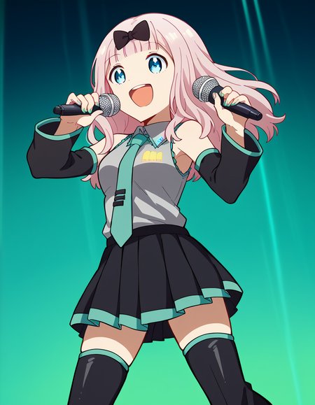score_9, score_8_up, score_7_up, source_anime, chikafujiwara, <lora:chika-fujiwara-s3-ponyxl-lora-nochekaiser:1>, chika fujiwara, long hair, bangs, blue eyes, bow, pink hair, hair bow, blunt bangs, black bow,, <lora:hatsune-miku-cosplay-ponyxl-lora-nochekaiser:1>, hatsunemikucosplay, hatsune miku \(cosplay\), aqua necktie, black footwear, black skirt, black sleeves, boots, collared shirt, detached sleeves, grey shirt, necktie, pleated skirt, shirt, skirt, sleeveless, sleeveless shirt, thigh boots, tie clip,, stage, stage lightings, singing, microphone, holding microphone, open mouth, smile,, cowboy shot, dutch angle,