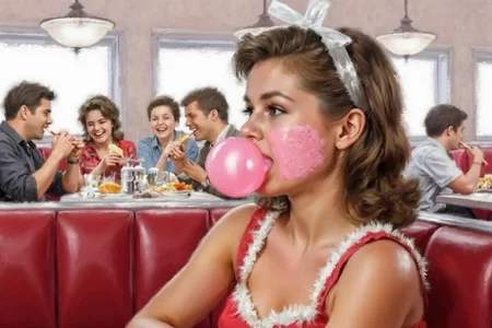 richardmacneil1 painting. 
Close up of a woman whose face is covered in pink bubble gum, sitting on the right in a diner in 1953. She has should length hair held with plastic Alice band. The diner has red booths and is full of people lauging and eating. <lora:richardmacneil1_cap_d8a4e11:1.0><lora:853283552777768907:0>