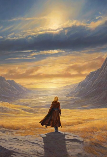 1woman, blonde hair, the grim reaper, facing away, rocky hill, standing, robe blowing in the wind, clouds, sky, sunset, stars, cosmic, in meditation, ultra detailed landscape, bright yellow, energy surrounding surrounding him, volumetric lighting, ultra detailed clothes, ultra detailed body, ultra detailed hair, a city made of blue crystals is on fire in the distance, serenity, holding a sword,
by Natalia Rak and Barclay Shaw in the style of Jessica Rossier,  <lora:EnvyAnimeWatercolorXL02:0.60> ,   Elmore_Style_LX <lora:Elmore_Style_LX-000011:0.60>
