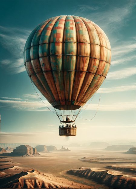 A weathered ais-trnshd hot air balloon drifting above a vast desert landscape <lora:ais-trnshd-sdxl:1>