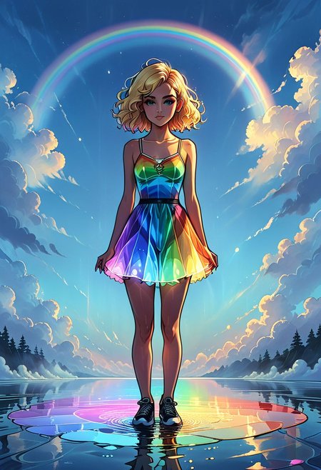 full height, full body, fullbody, 
a girl stands on the surface of the water around the clouds with a reflection in the water,
outline of a girl,
outline of a girl surrounded by a rainbow glow, rainbow aura, girl Hourglass elongated fitness shadow body, Oval Face, Short blonde Waves pixie hair, 
graphic style of novel comics, perfect hands, 2d,
8k, hyperrealism, masterpiece, high resolution, best quality, ultra-detailed, super realistic, Hyperrealistic art, high-quality, ultra high res, highest detailed, lot of details, Extremely high-resolution details, incredibly lifelike, colourful, soft cinematic light,