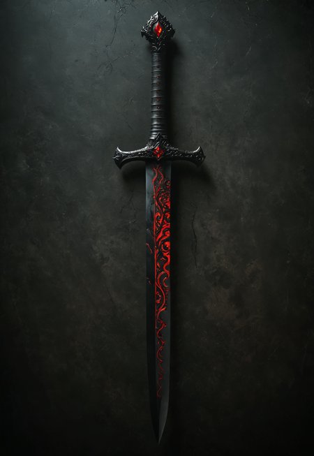A stunningly realistic and brutal photo of a demonic dagger, featuring a long, sleek black metal blade that reflects light. The double-edged, full tang blade is sharp and deadly. The handle, made of black material, showcases intricate demonic patterns and stripes. A ruby adorns the center, adding a pop of red to the sinister design. The dagger is depicted alone, with no humans or other objects in the image, allowing the viewer to fully appreciate its menacing beauty., photo, product