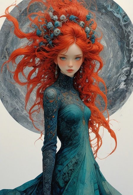 The composition includes This aspect that predominates in the work gives the idea of ​​something casual, without necessarily having a purpose, video frames, female, red long dress, long red hair with glitter,  fashion photography painting, in the style of teal and gold. in the background, tintricate stunning highly detailed, abstract, trippy, 60s style, op art, dark blues and blacks, patterns, hypnotic, art by careening into peace.