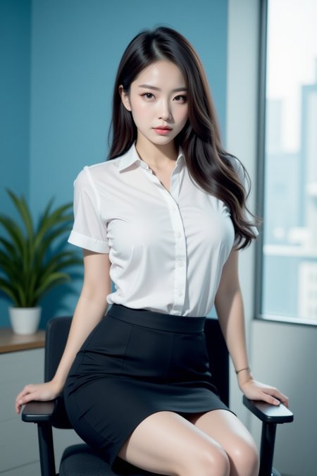 [9][24_94]<lora:SofiaFluxV101:1>, Realistic photograph, masterpiece, Against a soft, true gradient blue background, a stunning real large breasts Japanese woman with long, flowing dark hair, her piercing gaze directly addressing the viewer. skirt, sitting, shirt, pencil skirt, black skirt, chair, white shirt, looking at viewer, parted lips, tree, plant, short sleeves, indoors, brown eyes, window, office lady, realistic