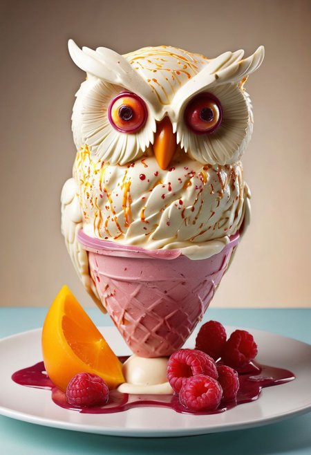 A whimsical and creative representation of an owl-shaped ice cream sundae, crafted from delightful mango and orange flavors and adorned with a delectable raspberry syrup. The owl's body is formed by carefully sculpted scoops of rich and creamy mango ice cream, capturing the intricate details of the owl's plumage. The wings are composed of zesty orange ice cream, adding a vibrant contrast to the mango base. The owl's eyes are represented by two perfectly placed scoops of raspberry ice cream, creating a striking and expressive gaze. The beak is cleverly shaped from a slice of ripe mango, adding a touch of realism to the playful design. The luscious raspberry syrup is artfully drizzled over the owl, creating a stunning visual effect reminiscent of the owl's feathers. The sundae is presented on a simple white plate, allowing the colors and textures of the ice cream to take center stage. The lighting is soft and dreamy, emphasizing the magical and enchanting nature of this unique frozen treat.