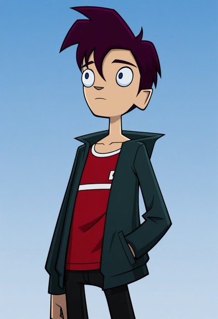 masterpiece,best quality,amazing quality, 
RandyCunningham, 1boy, male focus, solo, blue eyes, purple hair, shirt, red shirt, jacket, green jacket, open jacket, sky,