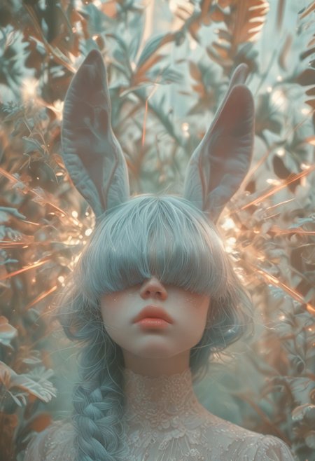 (Score_9:1.1), score_8_up, score_7_up,
(limited lighting, high contrast, laser beams, highres, closed_mouth:1.4, absurdres) 
Fl0ralD0lls 
solo, bunny ears, human woman, curious, (ferns:1.3), realistic, focus on face, hime cut, pacific blue hair, (hair over eyes:1.4),((hair in very long single braid)), big lips, full lips, glossy lips, matte skin, matte colours