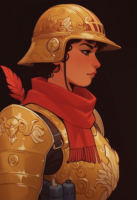 score_9, score_8_up, score_7_up, score_6_up, Masterpiece, 1girl, face focus, face close up, 
1girl, golden armour, red huge scarf, utility belt, firesword, golden helmet, long red feather on helmet, side view, dark background, cave background, dark setting, cowboy shot
