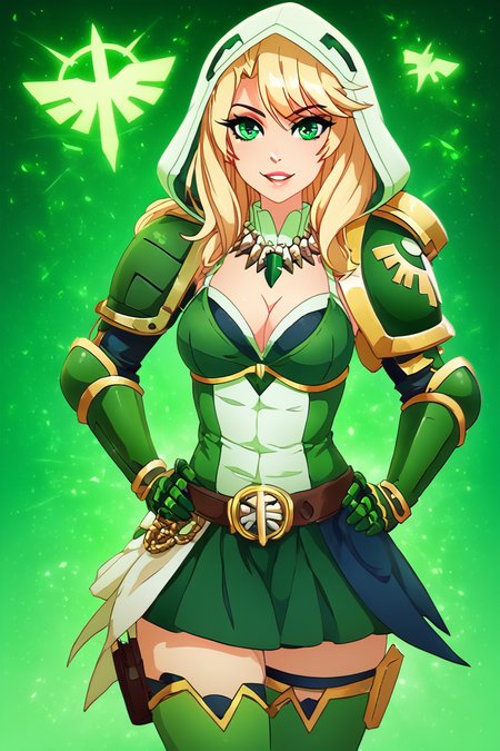 score_9, score_8_up, score_8, medium breasts, (curvy), cute, eyelashes,       BREAK, , zzDarkAngel, 1girl, long hair, breasts, looking at viewer, blonde hair, thighhighs, gloves, cleavage, jewelry, medium breasts, green eyes, parted lips, hood, necklace, lips, hand on hip, makeup, gauntlets, green gloves, green thighhighs, green skirt, shoulder armor, green background, arrow (symbol), green theme, <lora:Dark_Angels_Warhammer_40K_PDXL_v2:0.8>, BREAK, smile, looking at viewer, cowboy shot, embedding:zPDXL, Expressiveh, <lora:PrismaIllya_PDXL_v3:1.0>,  <lora:SDXLFaeTastic2400:0.5>,  <lora:Expressive_H-000001:0.4>,