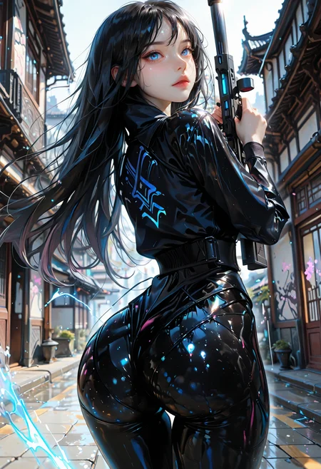 masterpiece, best quality, good quality, very aesthetic, absurdres, newest, 8K, depth of field, focused subject, standing stance, dynamic angle, motion, 1girl, solo, looking at viewer, ninja, black hair, long hair, holding sniper rifle, ass focus, juice ass, shiny ass, black latex, dramatic lighting, partially illuminated, intricate design, blue eyes, gradient eye color, fusing hyper-realism with stylized exaggeration, intense, glowing saturation, wind effect, motion lines, fractal shaped building
<lora:DetailedEyes_V3:1> <lora:USNR_STYLE_ILL_V1_lokr3:0.45> usnr <lora:ponyv6_noobV1_2_adamW:0.9> <lora:GENESIS_MK0.2:0.5>  <lora:KoreanStyleSDXLvpred10:1> AiKoreanStyle, lips, korean, asian <lora:KRGRL-IL:1>