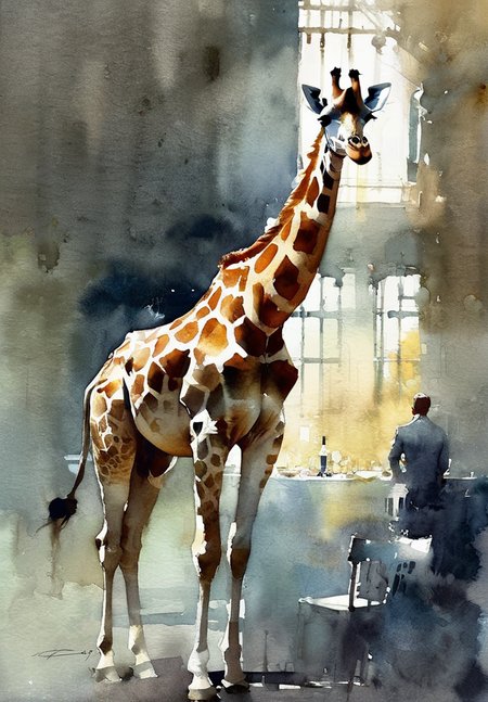 Watercolor masterpiece,giraffe,impressionist art painting by Jeremy Mann,Miles Johnston,Alasdair McLellan,Daniel Merriam,Peter Glick,Darius Klimza,spectacular backlighting,perfection,gorgeous art,beautifully lit,dark atmosphere,surreal,ethereal,exquisite detail,brilliant,wonderful,outstanding,amazing colors,mysterious,watercolor wash,<lora:Watercolor _sdxl:1.5>, Watercolor style,