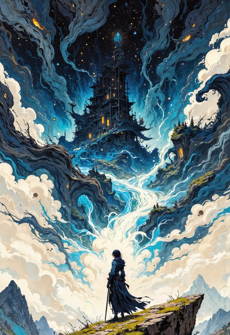 (in Otomo Katsuhiro style:1.2), masterpiece, high-quality, A ghostly painter dressed in flowing ink-stained garments, wielding an oversized brush as though its a weapon, Each stroke she paints on thin air brings to life fragments of a surreal landscape a floating palace a river of stars, mountains growing like crystalsâhovering around her in a swirling vortex of imagination, creation in motion, surreal fragments, floating art, Stylized anime with painterly abstract effects and a sense of fluidity, (elaborate fine details:1.1), (hyperdetailed:1.1), (intricate details:1.0), (Refined details:1.1), (best quality:1.1), (high resolution:1.2), <lora:FLUX\Anime v1.3:0.6> <lora:FLUX\VividlyReal:0.6> <lora:FLUX\FLUX-daubrez-DB4RZ:0.4>
