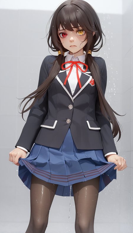score_9,score_8_up,score_7_up,source_anime,<lora:Pony-äººç©-çº¦æ-æ¶å´çä¸ï¼ChameleonAIï¼:1>,1girl,solo,KurumiBase,clock eyes,red eye,yellow eye,heterochromia,black hair,
low twintails,school uniform,black jacket,blue skirt,neck ribbon,black pantyhose,<lora:WettingPony:1>,wetting skirt,wet spot on skirt,dripping down legs,having wet herself,peed her skirt,(embarassed:0.8),(crying:0.7),(blushing:0.5)