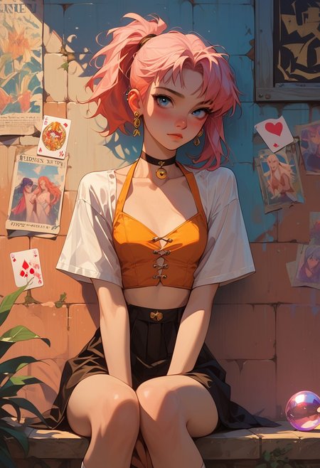 score_9, score_8_up, score_8, score_7_up, score_7,  adult female,tiny tits, flat , female, neon hair, long hair, hair, hair over one eye,  dark eyebrow, cute face,  freckles,  ear piercing,  anime girl, petite body, thin, short,small face ,  ,  cute, easynegative,    blushing,
Fortune Teller: Flowing skirt, cropped top, shawl, crystal ball, tarot cards, gold jewelry, mysterious, mystical vibe.
score_9, score_8_up, score_7_up, score_6_up, slim girl, perfect small breasts,,  blushing nose, twin short ponytail,  knees together,  outside against tile wall of building, lamp white light, tiled wall, cowboy shot, stay near wall, chest up, knees together
sinozick style,g4n1m3,