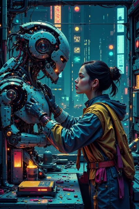 a woman repairing a robot, early morning, woman, very intricate, very detailed, sharp, bright, colorful, <lora:Hand v2:0.5> <lora:Anti-Blur:1><lora:Insane Detail Slider:0.25>  <lora:flux.1_lora_flyway_Epic-detail_v2:0.3> <lora:fluxenhancer:0.25><lora:ck-Neon-Retrowave:0.4> ck-rw, in the style of ck-rw,  <lora:Neurocore Anime Cyberpunk:0.8> A digital artwork in the style of cknc