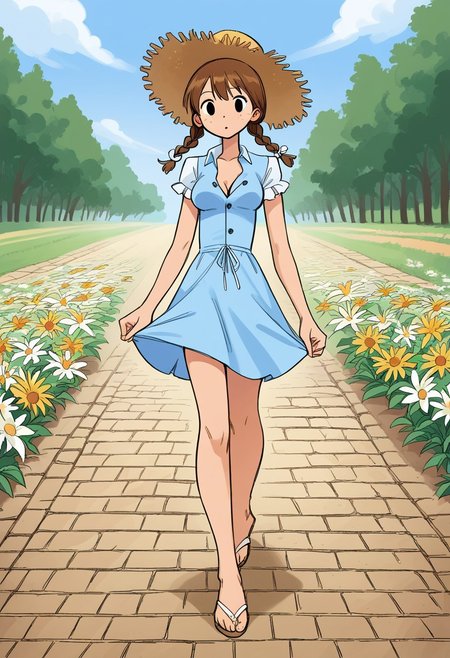 score_9, score_8, score_7, score_6, source_comic, Boli style,
 1girl, 19yo, Dorothy  petite body, short stature, perky breasts,  unbuttoned dress,  freckles, brown hair, two braids, straw hat,  ,
backround; yellow brick road, flower field, sunny day