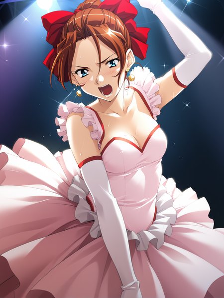 score_9, score_8_up, score_7_up, <lora:mikagura-v2-ponyxl:1>
takiko, earrings, red hair bow, pink dress, cleavage, elbow gloves, red trim, frilled straps
1girl, solo, dancing, stage, stage lights, sweat, open mouth