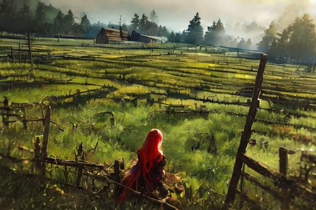 (otherworldly), highly insanely detailed, masterpiece, top quality, best quality, highres, 4k, 8k, RAW photo, (very aesthetic, beautiful and aesthetic), farm, fields, barn, fence, fantfa, <lora:FantasyFarm-10:1>, 
1girl, 
(dark red hair ,streaked hair,split-color hair,dual-toned hair,two-tone hair), 
(dark background),âââ