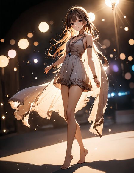 best quality, masterpiece, bohoai hinaigirl, playful theme, 
raw photo of a woman in long lace dress which often for ornate details and symbols, flowing long brown hair cascading over her shoulders, full body, bare feet, show legs,
middle distance shot taken by long range lens, high key light, hard shadow, soft bokeh, professional photography, balanced contract, balanced exposure, 
<lora:boho_hinaigirl_v1:1.3>