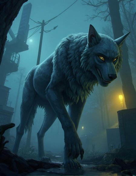 <lora:ck-LttleGhost-000011.safetensors:1> in the style of ck-lttlegh0stA digitally created werewolf stands amidst a fog-shrouded urban landscape, illuminated by soft blue and yellow lighting. Its fur is meticulously detailed with a reflective texture, while its eyes seem to bore into the viewer with an unsettling intensity. The eerie atmosphere, coupled with the lifelike rendering of the werewolf and its surroundings, leans heavily into fantasy and horror genres, evoking a haunting ambiance reminiscent of modern CGI techniques.