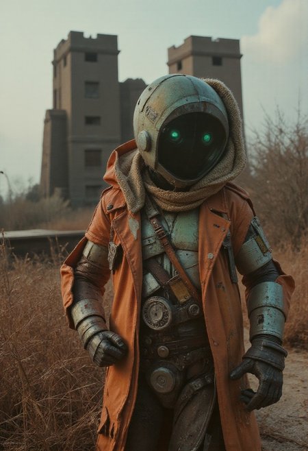 in the style of franck-bohbot, In the foreground stands the decayed yet strikingly intricate form of a wired cyborg, its metallic finish weathered with bleaked orange and green hues, the hull outworn and rusted with age. The robot’s translucent glass elements shimmer faintly in the soft twilight, with seams and intricate wiring exposed, while antennas sprout from its hea. Its face, detailed with camera lenses instead of pupils, conveys a haunting presence, while a high-collared, reinforced parka with a fur hood wraps its form in a look of utilitarian resilience.
Behind this relic of a bygone era, a massive abyss hovers in the vastness of outer space, its colossal form seemingly bowing down to the viewer. Two towering structures, forged from black metal, rise ominously into the high clouds. Their sleek, modern-medieval design incorporates both sharp geometric angles and massive windows that reflect the fading light. 
The hyper-realistic scene captures a tranquil, mist-shrouded landscape at twilight, with rolling hills and deep valleys bathed in soft orange light. The terrain is covered with delicate shrubs and grasses, their leaves tinged in deep black-pink hues, creating a striking contrast against the cool, misty atmosphere. The cyborg, with its detailed, weathered design and glassy elements, set against the towering black metal structures, evokes a haunting yet mesmerizing fusion of forgotten technology and timeless natural beauty.
