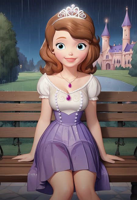 score_up_8, score_up_9, 1girl, white blouse,lace blouse, violet skirt, miniskirt, pleated skirt,sofia_the_first, tiara necklace, brown hair, medium breasts, background near castle,rain, night sky, at park, sitting on bench, looking at viewer, huge cleavage, wet dress, seducatuve smile, provocative pose,