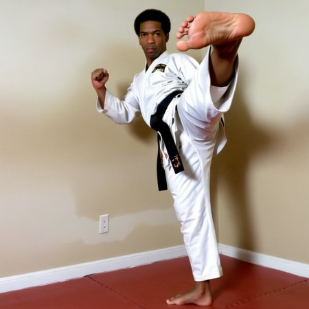 A Denzel Hayes Washington Jr, including a black belt, is performing a high kick.   <lora:kickGirl:0.7>,soles of feet