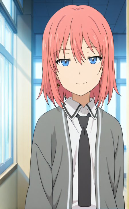 masterpiece, best quality, highres, newest, 1boy, solo, official style, anime screencap, <lora:IL_Minato:1>, hnpminato, pink hair, blue eyes, school uniform, black necktie, collared shirt, cardigan, looking at viewer, smile, expressionless, indoor, cowboy shot