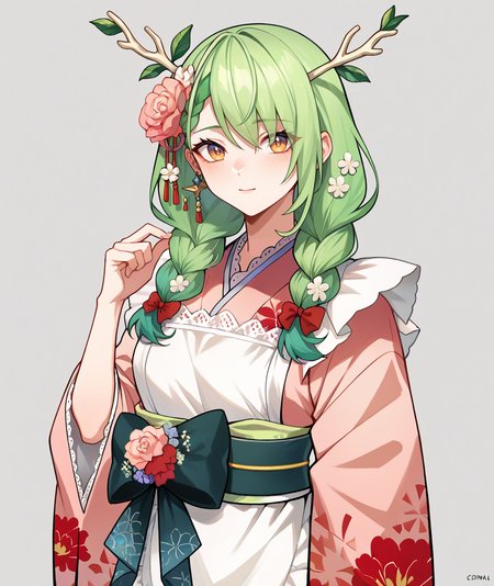 score_9,score_8_up,score_7_up,score_6_up,score_5_up,score_4_up,
1girl, ceres fauna, antlers, long hair, hair flower, twin braids, pink kimono, print kimono, white apron, frilled apron, obi, flower,
grey background, simple background, solo, looking at viewer, cowboy shot,
<lora:faunaponyxl2:1>