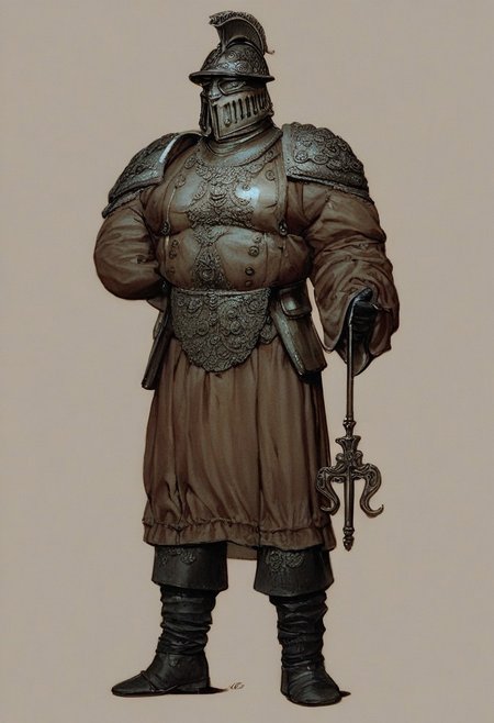 absurdres, hires, score_9, score_8_up, score_7_up, painterly, faux traditional media, renaissance, (full body, from the front), European male, tall muscular, slightly chubby, standing proud,sixteenth century, soldier with ornate torso plate, helmet, holding a long musket , (late medieval European city background)