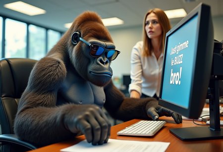 A detailled office place with a gorilla sitting at a desk, working. The gorilla is looking at the viewer with a smug expression, he is wearing sunglasses, he is extending his arm into the pov with an open hand as if expecting to be handed something. He is holding a computer screen with his other hand, turning the screen towards the pov, in the screen the words 'Just gimme le BUZZ bro!' are written across it. Theres an anoyed office lady waiting next to the gorilla, as if wanting to talk to the gorilla and calling his atention, but the gorilla ignores her.