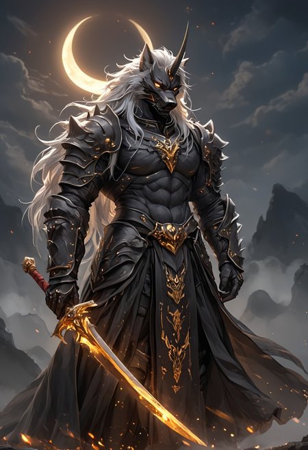 Zen Aku, (long white hair:1.3), wolf face helmet, wolf face mask, (single horn on forehead:1.0), Their face are filled with power and determination, Strong and muscular, (abs:1.1), (wearing king's robes:1.2), black metal armor, leather skintight body suit, clad in flowing, holding sword while walking, darkness of night fall, flowing dark fire light, Crescent moon, fog, wind breeze, perfect proportions, intricate details, dynamic pose, dynamic motion, looking at viewer, fantastical image,