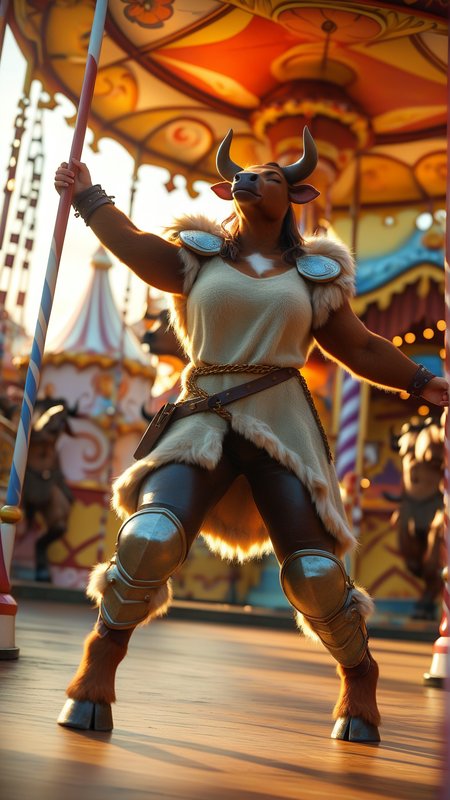 score_9, score_8_up, score_7_up, score_6_up, score_5_up, source_furry
closed eyes
1girl, solo, furry minotaur, fur-lined shorts, chain belt
fur-lined tunic with rune inscriptions, brass shoulder plates
leather armor pants, fur lining, reinforced knee guards
character focus, dynamic angle, dynamic pose
carousel