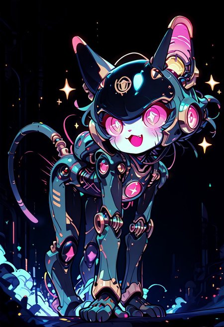 masterpiece, best quality, simple illustration, 1cat robot, no-human, superdeformer, cute,  helmet with cat ears, full body, solo, dark background, sparkles, vivid colors, vertical pupils,fang, tail , mcnm, in the style of cknc, cute_style01f1, cyberwitches, runing, speed lines,  light trail, superspeed