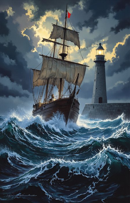digital painting depicting a dramatic, high-seas scene at night. The focal point is a large, rugged sailing ship, its masts and sails billowing with the wind. The ship is in the midst of turbulent, dark blue waters, with waves crashing violently around it. The ship's hull is weathered and aged, with a dark brown color that contrasts against the white froth of the waves.In the background, a tall lighthouse stands prominently on the right side of the image. The lighthouse is made of gray stone, and its light is shining brightly, casting a warm, golden glow that contrasts sharply with the dark, stormy atmosphere. The lighthouse's light illuminates the surrounding clouds, which are dark and foreboding, filled with swirling, dramatic patterns of dark blue, gray, and black.The overall mood of the painting is intense and dramatic, with a sense of impending danger and adventure. The textures of the water, ship, and clouds are rich and detailed, with a high level of realism and depth. The colors are vivid, with the contrast between the warm light and the cold, dark elements creating a striking visual impact., <lora:aidmaImageUpraderv0.3:0.4>, aidmaimageupgrader, <lora:diffusion_pytorch_model:1>, <lora:aidmaMJ6.1_v0.5_3:0.7>, aidmaMJ6.1, ultra quality, ultra detailed, intricate details