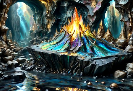 Iridescent Damascus, photorealistic, film grain, candid camera, color graded cinematic, eye catching, atmospheric lighting, highly detailed, deep depth of field, wide angle, wide view of a vast cavern,soft organic shapes, natural formation,smoothed by time and water, a (vast space:1.9) opening before the viewer,  an underground lake, crystal clear water, irregular shape formed by millenia of flowing water, reflecting torchlight, crystals in the rock walls glint in the (colours of the rainbow:1.6), intricately patterned with (labradorite:1.8) and moonstone, contrasted with (black granite:2.0), soft rounded shaped rock inviting to sit down near a fire pit emitting warm and welcoming light,