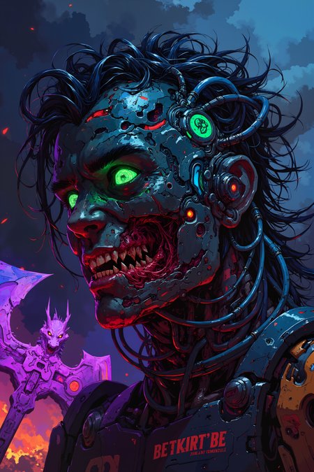 A close-up shot reveals the twisted visage of a battle-crazed warrior with deep, charcoal-black skin and swirling cybernetic lines that glow with pulsating, crimson light. His face is dominated by an oversized cybernetic mask that leaves his lower jaw exposed, revealing jagged teeth stained with blood. One of his eyes is a glowing green hologram, displaying shifting symbols that flicker in and out of focus, while the other is wide and bloodshot, brimming with manic energy. His hair, a tangle of glowing blue wires, coils around his head like a living, sentient crown. Visible scars crisscross his face and neck, some fresh and bleeding, others fused with metal plating. The faint outline of a dragon-like mech looms in the smoke-filled background, its glowing maw mirroring the warriorâs own feral expression. His cybernetic arm, only partially visible, holds the hilt of an ornate axe that glows with neon purple energy, its jagged blade barely coming into frame. The chaotic lighting of a neon battlefield reflects in his crazed eyes, casting eerie shadows across his features. The tension in his clenched jaw and the slight twitch of his exposed, muscular neck suggest a predator ready to strike. , detailed background  Fantastic lighting. Detailed shadows.intricate details, vivid colors, hyper-detailed, ultra-sharp, High resolution, high detail. Highly detailed. ,  DB4RZ, DB4RZ style painting, NeoPigma, in the style of cksc, anime, cyberpunk, a masterpiece, award winning,<lora:CPA:0.5><lora:FLUX-daubrez-DB4RZ:0.3><lora:NeoPigmaV3:0.35><lora:ck-shadow-circuit-000021:0.35>