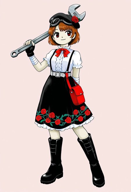 watercolor, aesthetic, colorful, jaggy lines, zun \(style\), BREAK, 1girl, solo, (tall, broad chest, wide waist, mature, red eyes, brown hair, short hair, black beret, black goggles on head, rose on head, red bow tie, silver belt buckle, white blouse, short sleeves, black skirt, floral skirt, white frills, black gloves, hand wraps, arm wraps, tall boots, black footwear, black suspenders, red pouches, red satchel), standing, holding tool, (huge_metal_wrench), hand behind back), full body, simple background,