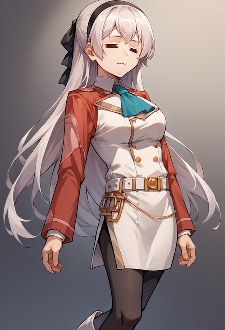 score_9, score_8_up, source_anime, 1girl, solo, =w=, :3, = =, eyes closed, zeroElie, black hairband, hair ribbon, long hair, ascot, uniform, long red sleeves, white dress, pencil skirt, belt, black pantyhose, white boots, <lora:ChamElfExpressionPonyXL:1.2>, <lora:elie-pdxl-nvwls-v1:1>
