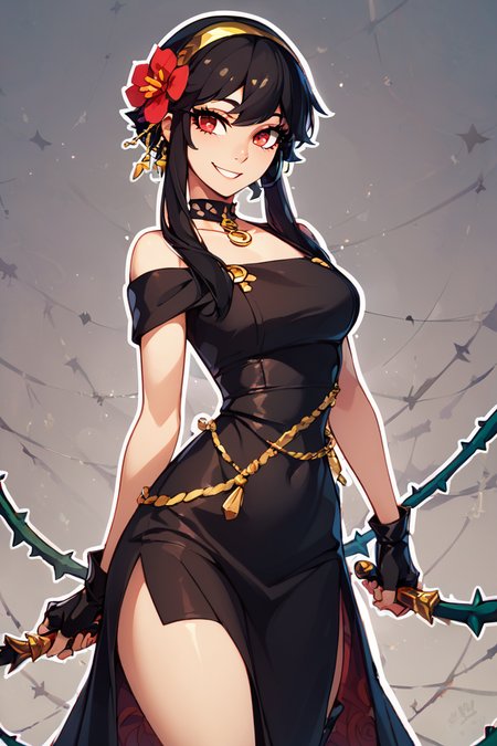 score_9, score_8_up, score_8, big breasts, (curvy), cute, eyelashes,      rating safe,   BREAK,  YorForger,1girl,black hair, red eyes, short hair with long locks, gold hairband, hair flower, black choker, black dress, sleeveless, off shoulder, floral print, fingerless gloves, black footwear, thigh holding dagger,   BREAK,   smile, looking at viewer, abstract background, thorns, dark theme, white outline, cowboy shot,   embedding:zPDXL, Expressiveh  <lora:YorForgerXLpony004:0.8>,  <lora:CatalystStylePDXL:0.6>,  <lora:SDXLFaeTastic2400:0.5>,  <lora:Expressive_H-000001:0.4>,