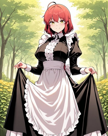 <lora:Ha_Yuri illustri:1>
1 girl, solo, long braided ponytail, red hair, short hair, ahoge, yellow eyes
maid's outfit
Masterpiece,(perfect female body:1.2), small waist, (incredibly detailed:1.4), slim, beautiful fingers, beautiful skin, looking at viewer, breasts, skirt hold, large breasts, long sleeves, smile, garden background