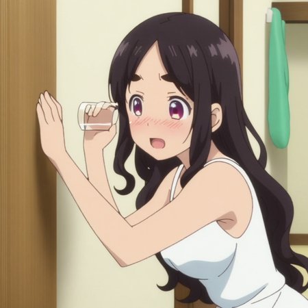 anime, best quality, (masterpiece:1.4), (high quality:1.4), sharp focus, 4k, absurd resolution, detailed hands, curly hair, long hair, black hair, 1girl, mature female, (parted hair:1.4), (round face), (no bangs:1.6), <lora:ETO_OC_XL:0.7>, hazel eyes, (thick eyebrows:0.9), sundress, skindentation, anime screencap,
 <lora:_sdxl-nusumigikli:0.5> nusumigiki, Stick to the wall, eavesdrop, Listen to the wall, Putting a glass to one's ear and listen to the wall, embarrassed, blush, squatting, glass, open mouth, excited, amused,