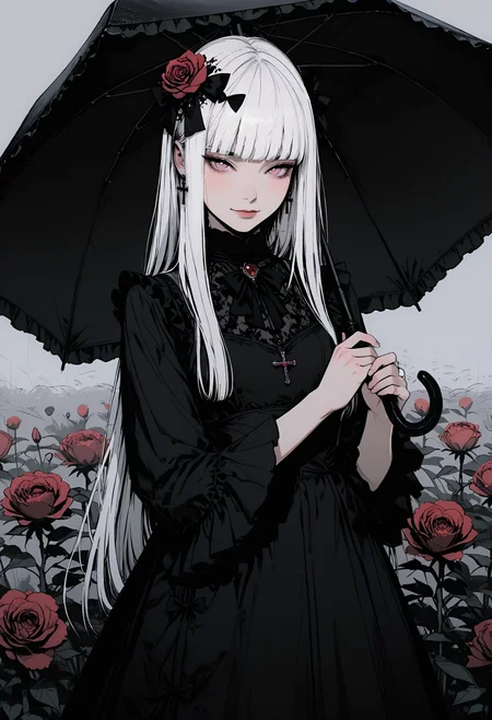 adult,
1woman,
masterpiece, newest,absurdres,incredibly absurdres, best quality, amazing quality, very aesthetic,
original,black bow,black dress,black umbrella,blunt bangs,blush,bow,bright pupils,closed mouth,cowboy shot,cross,cross earrings,dress,dress bow,earrings,flower,frilled sleeves,frills,grey background,hair bow,hair flower,hair ornament,hands up,holding,holding umbrella,jewelry,long hair,long sleeves,looking at viewer,pink eyes,red brooch,red flower,red rose,rose,sidelighting,simple background,smile,solo,straight hair,tsurime,umbrella,under umbrella,very long hair,white hair,wide sleeves,white pupil,frilled dreft, outdoors, flower field, peony \(flower\),
 <lora:GTHAN2:0.8> <lora:DRKWB:0.3> DRKWB <lora:Sinozick_style:0.4> Sinozick_illu,gradient,spot color