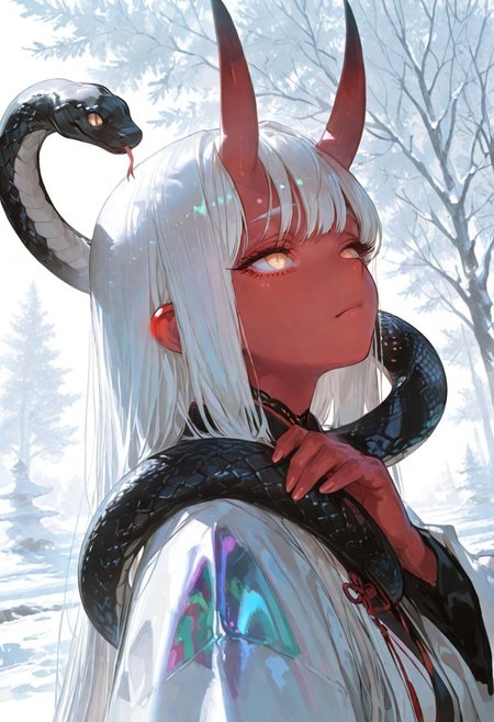 masterpiece, best quality, good quality, newest, highres, absurdres, volumetric lighting,gradient color,
BREAK 
raytracing, volumetric lighting, ambient occlusion, girl, background, masterpiece, best quality, very awa, absurdres, 
BREAK
Aka-Oni, oni, colored skin, (red skin:1.3), straight horns, solo, long hair, model style, 
BREAK
masterpiece,amazing quality,best quality,ultra-detailed,8K,illustration,CG,shiny hair,clear skin,ultra-detailed-eyes, background,cute girl, eyelashes
BREAK,
winter, snow, ((manhwa style, semi-realistic)), ((calm expression, soft eyes, expressive eyes)), (one large snake over shoulder, black snake, iridescent black scales), cool white lighting, (looking at user, facing user, relaxed stance, tilted head), half body, dynamic pose, ((close up)), petting snake,