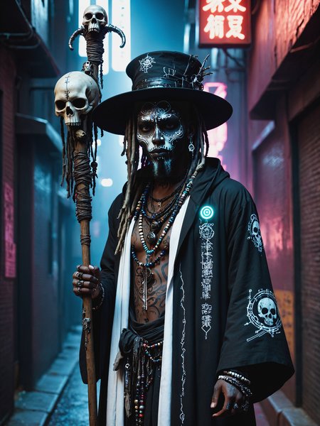 man, cyberpunk, dark alley way, white face paint, staff, skulls, robe, hat, dread locks, beads, magic dark skin, mad-vdprst , night, neon signs, garbage, haze  <lora:Neon_Cyberpunk_Voodoo_Mage_SDXL:0.8>, (masterpiece:1.2), best quality