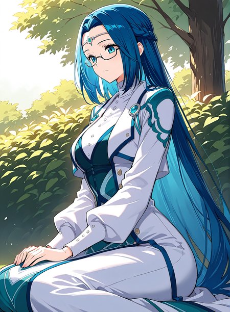 <lora:Ruo_Ling__Battle_Through_the_Heavens__Illustrious:1>
1 girl, solo, blue eyes, very long hair, blue hair, french braid, half updo, 
dress, long skirt, long sleeves, bottons, circlet, jewelry, glasses, semi-rimless eyewear,  
score_9, score_8_up, score_7_up, masterpiece, best quality, absurdres, perfect anatomy, 1girl, solo, wariza, sitting, hands on own knees, garden background