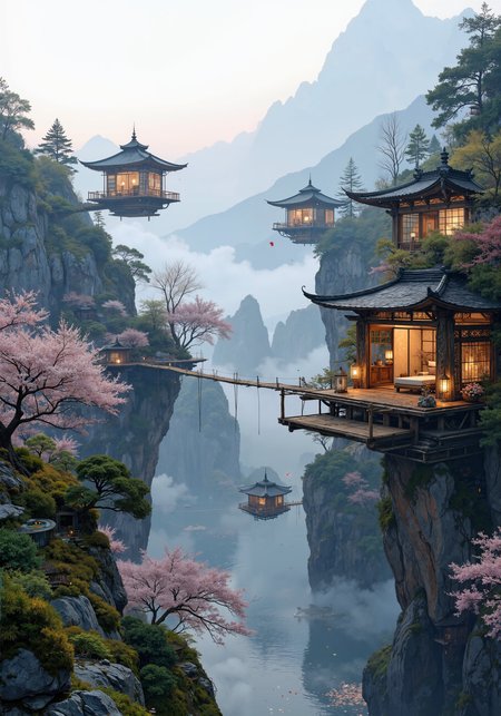 Floating zen sanctuary: Ancient Japanese pagoda-inspired spa pavilions hover serenely above misty mountain peaks. Translucent shoji screens, intricate wood carvings, and curved tile roofs blend harmoniously with sleek anti-gravity technology. Serene koi ponds and rock gardens suspend in mid-air, defying gravity. Ethereal cherry blossom petals drift gently through the mist. Softly glowing lanterns illuminate tranquil meditation pods and open-air onsen baths. Bamboo walkways connect floating islands of lush moss gardens. Panoramic views of surrounding misty peaks and valleys visible through gossamer-thin energy fields. Zen minimalism meets futuristic luxury in perfect balance. 8k resolution, hyper-realistic textures, ethereal atmosphere, masterpiece quality. <lora:Digital painting V1:0.2> <lora:FLUX-daubrez-DB4RZ:0.1> <lora:Illustration_Style_IV:0.6> <lora:Ganin_II:0.2> <lora:Anime v1.3:0.3> <lora:flux_dev:1>